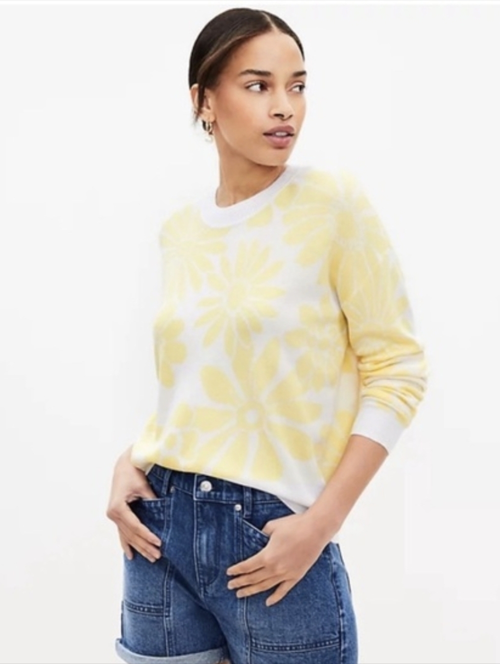 LOFT White and Yellow Floral Knit Pullover